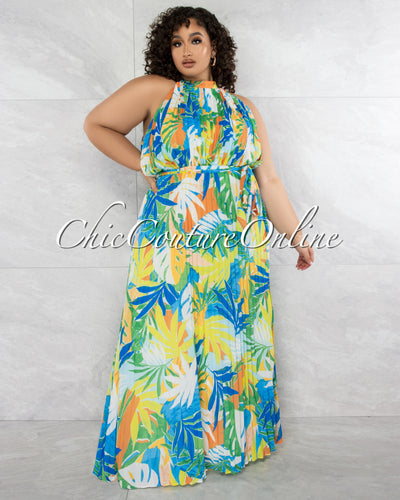 Patience White Multi-Color Print Halter Maxi Pleated CURVY Dress