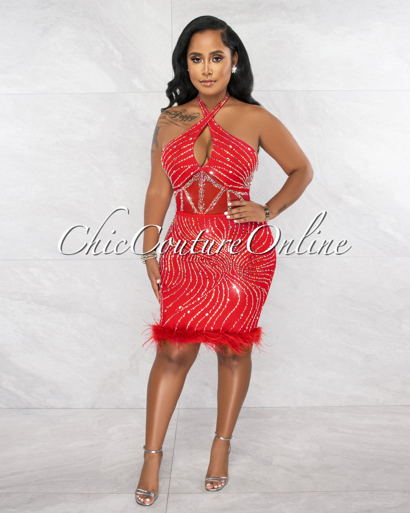 *Sasha Red Rhinestones & Feathers Hem Halter Dress