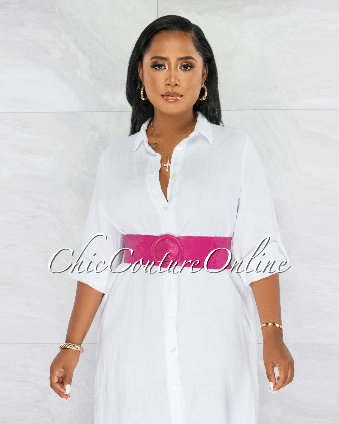 *Meka Fuchsia Genuine Leather O-Ring Belt