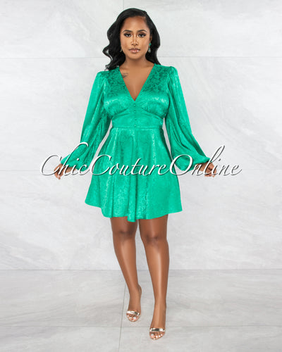 Zanny Green Silky Floral Texture Buttons Accent Dress