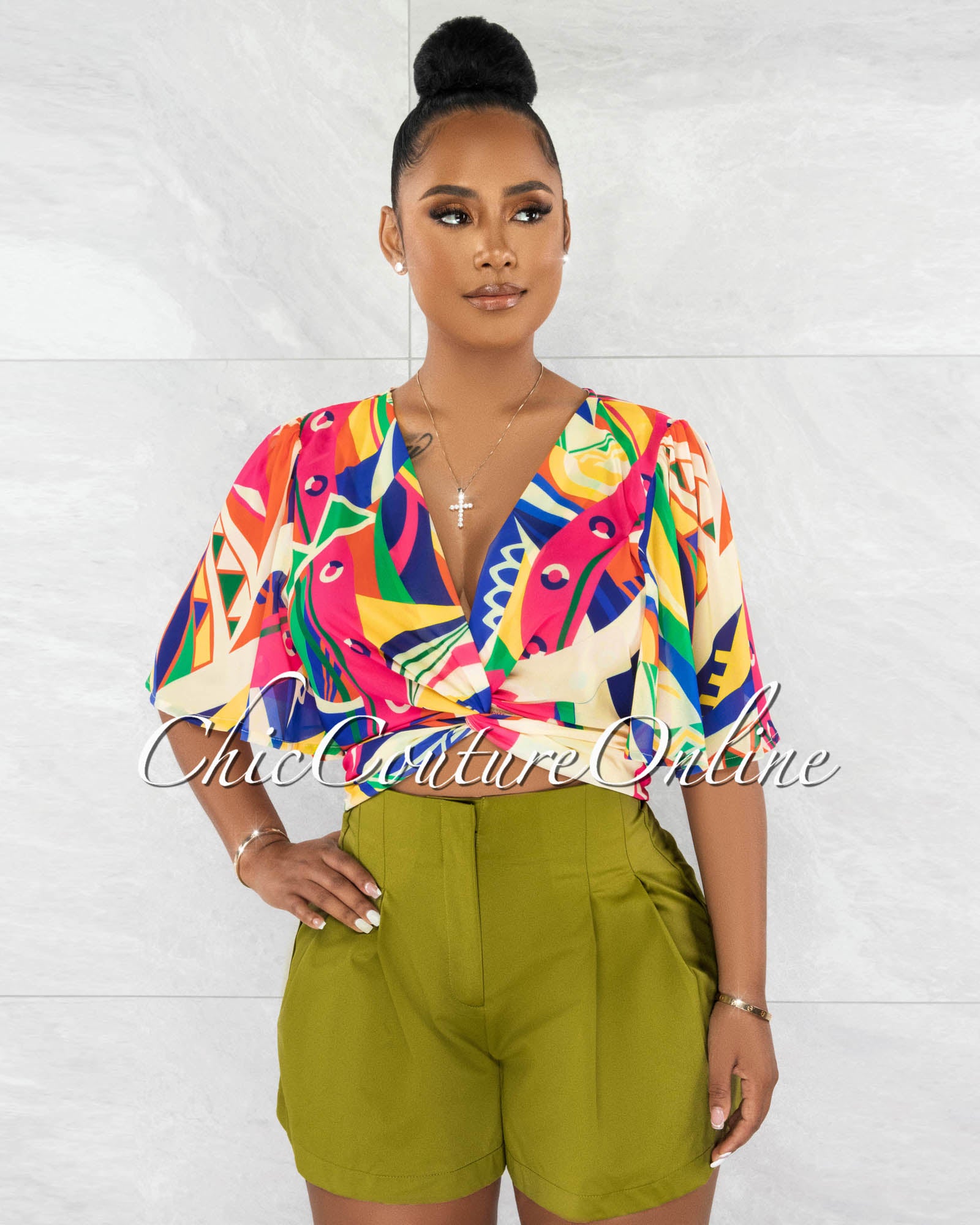 *Olidie Olive Green High Waist Pleated Shorts
