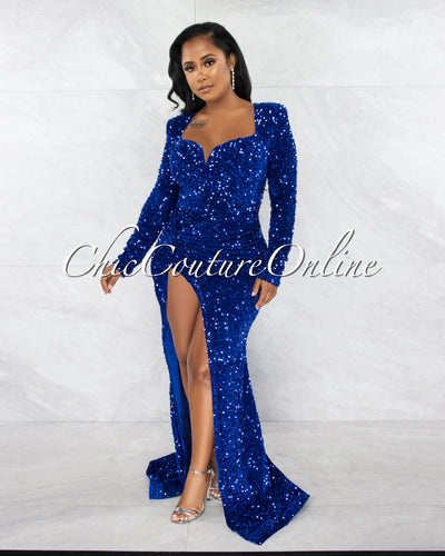 Violette Royal Blue Sequins Queen Anne Long Sleeves Bodysuit Maxi Dress
