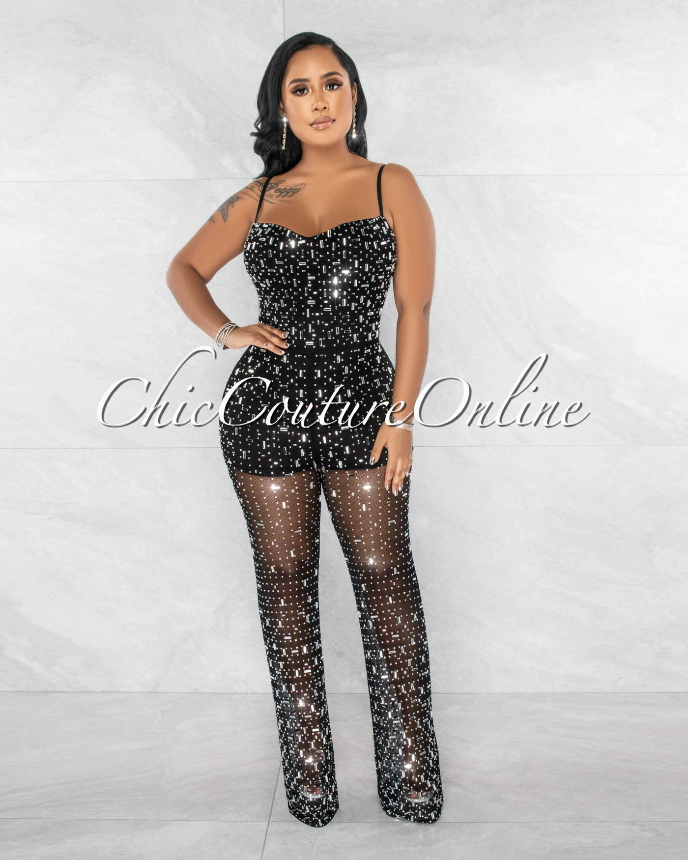 Nikola Black Silver Rhinestones Mesh Sheer Legs Jumpsuit