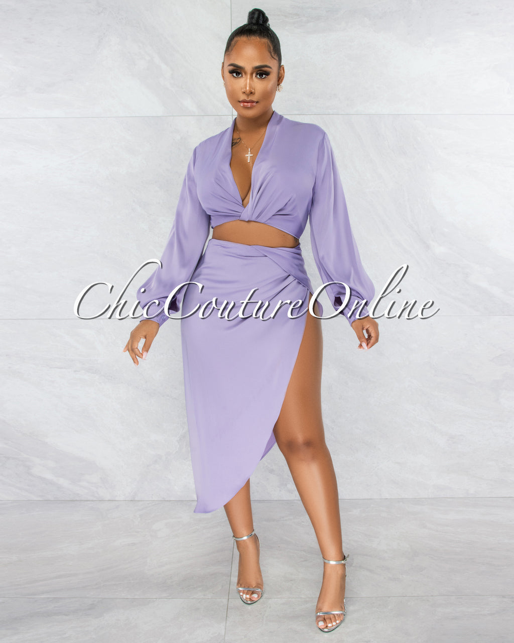Larrie Lavender Drape Top & Slit Skirt Satin Set