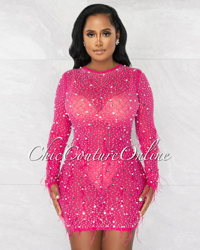 *Glannie Fuchsia Mesh Pearls & Rhinestones Feathers Dress