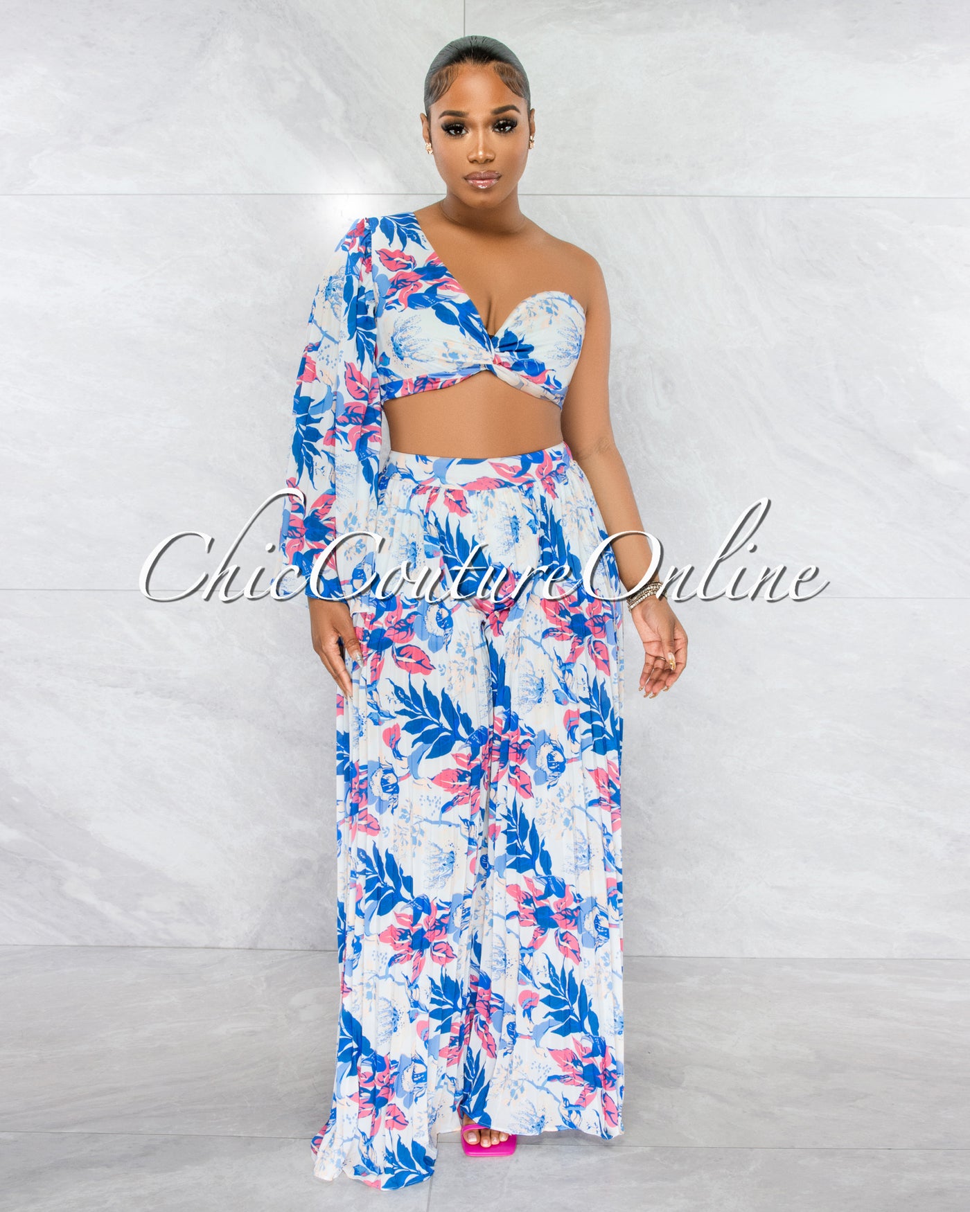 Boston White Blue Floral Crop Top & Wide Pleated Pants Set