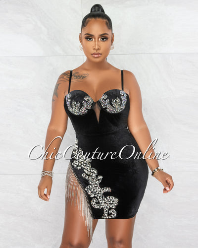 Jaslene Black Velvet Pearls Rhinestones Fringe Mini Dress