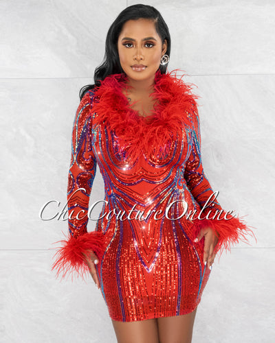 *Ladina Red Purple Sequins Feather Neckline Mini Dress
