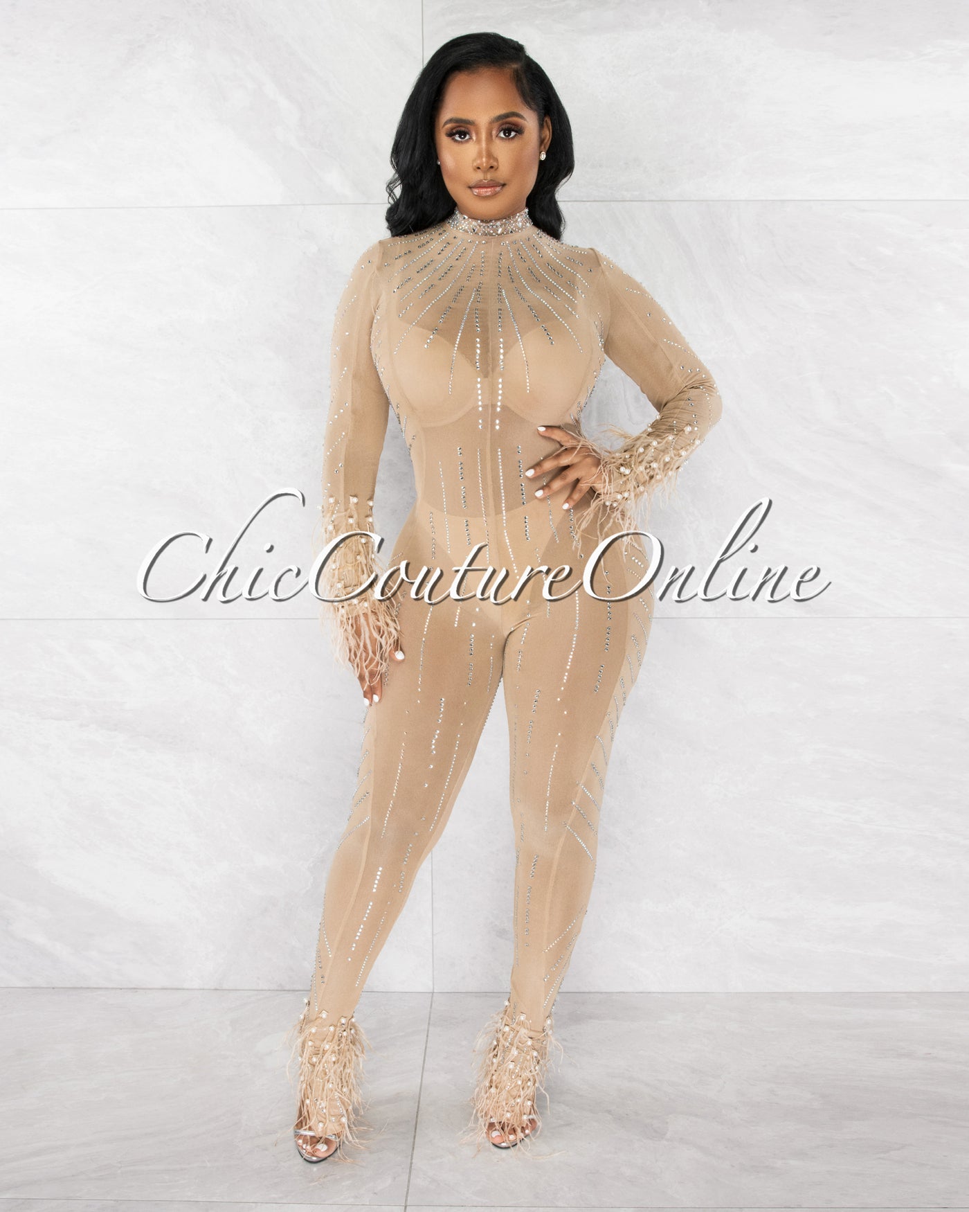 *Fannie Nude Silver Rhinestones Feather & Pearl Mesh Sheer Jumpsuit