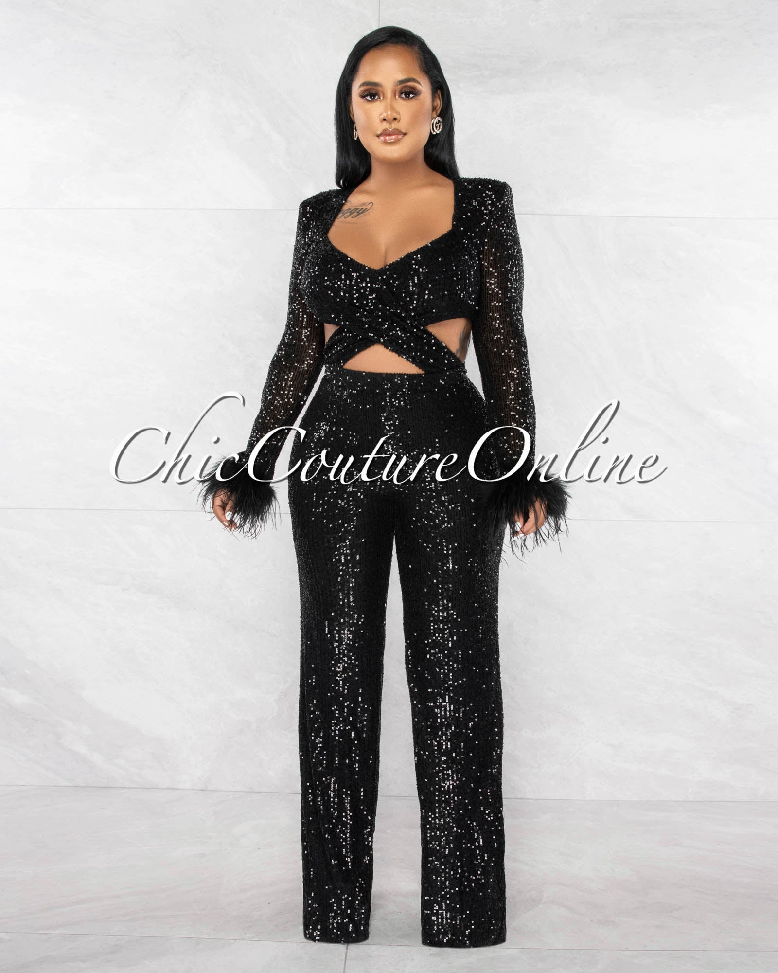 *Thorne Black Sequins Cut-Out Waist Feather Cuffs Jumpsuit