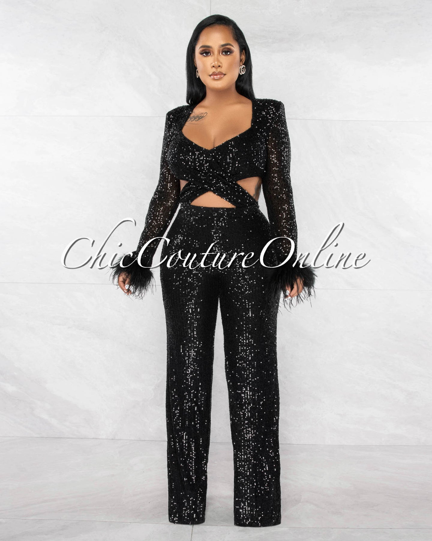 Thorne Black Sequins Cut-Out Waist Feather Cuffs Jumpsuit – Chic ...