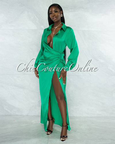 *Yuriana Emerald Green Draped Front Maxi Silky Dress