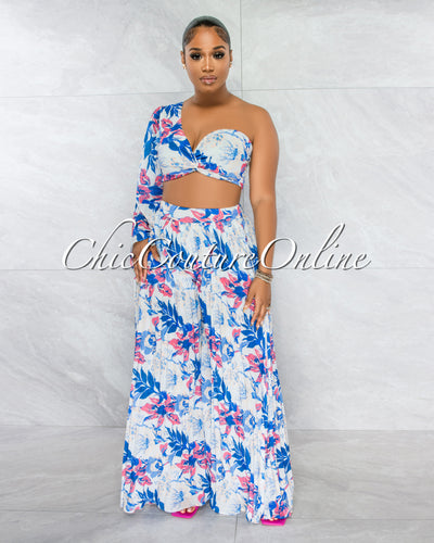 *Boston White Blue Floral Crop Top & Wide Pleated Pants Set
