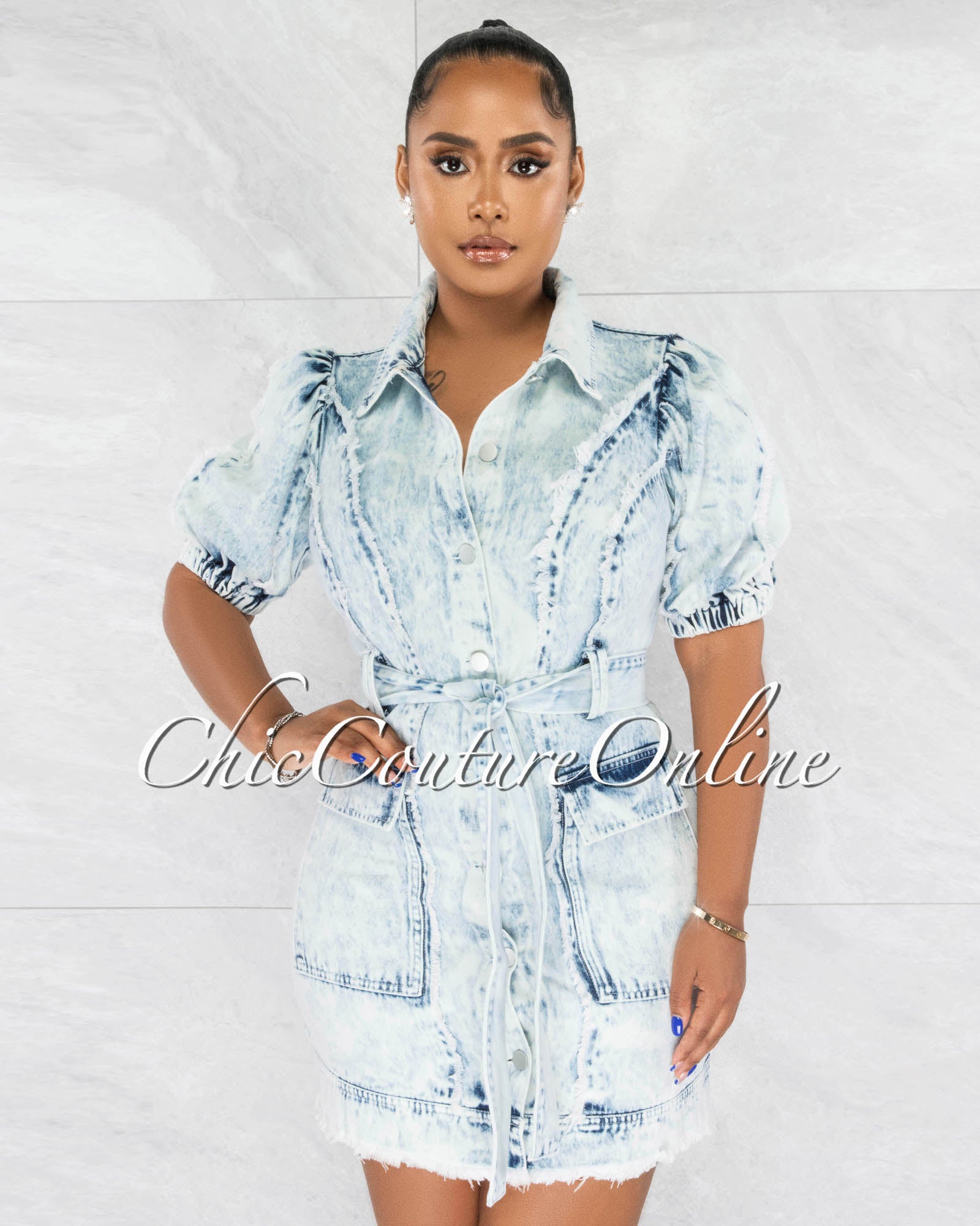 *Felix Light Washed Denim Bubble Sleeves Shirt Dress
