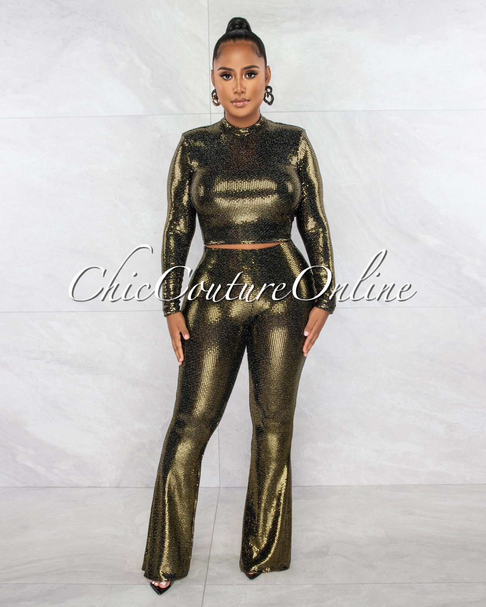 *Batya Black Gold Sequins Back Cut-Out Top & Wide Pants Set