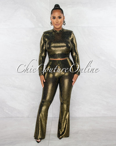 Batya Black Gold Sequins Back Cut-Out Top & Wide Pants Set