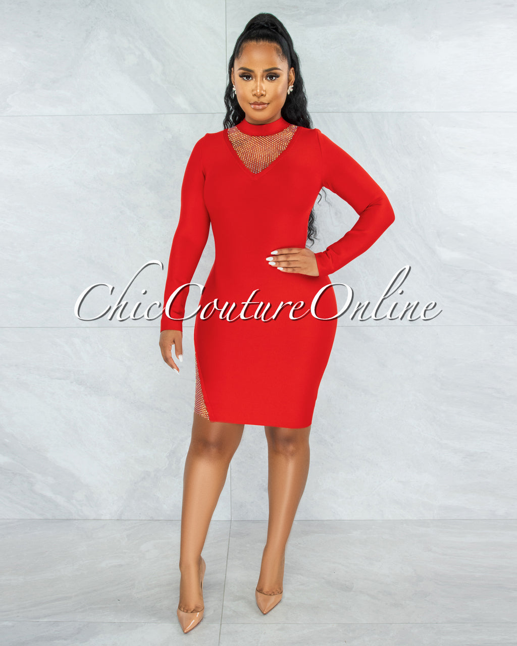 *Patrice Red Rhinestones Net Bandage Long Sleeves Dress