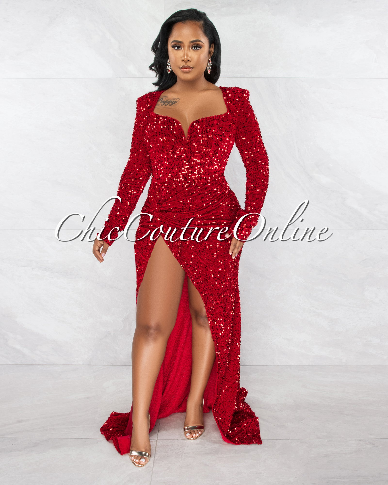 Violette Red Sequins Queen Anne Long Sleeves Bodysuit Maxi Dress