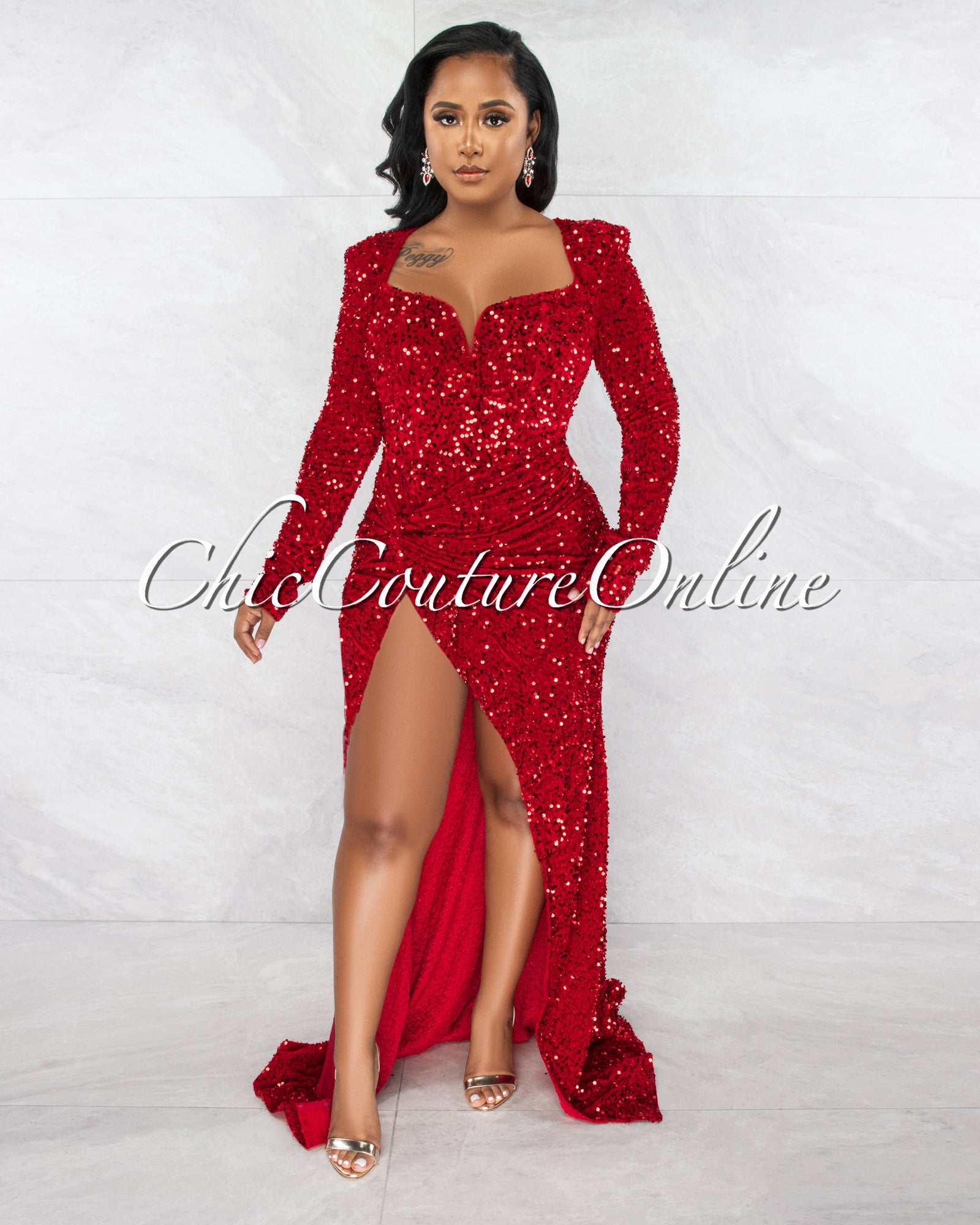 *Violette Red Sequins Queen Anne Long Sleeves Bodysuit Maxi Dress