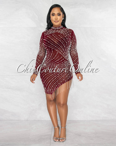 *Caterina Burgundy Pearl Rhinestones Fringe Mesh Dress