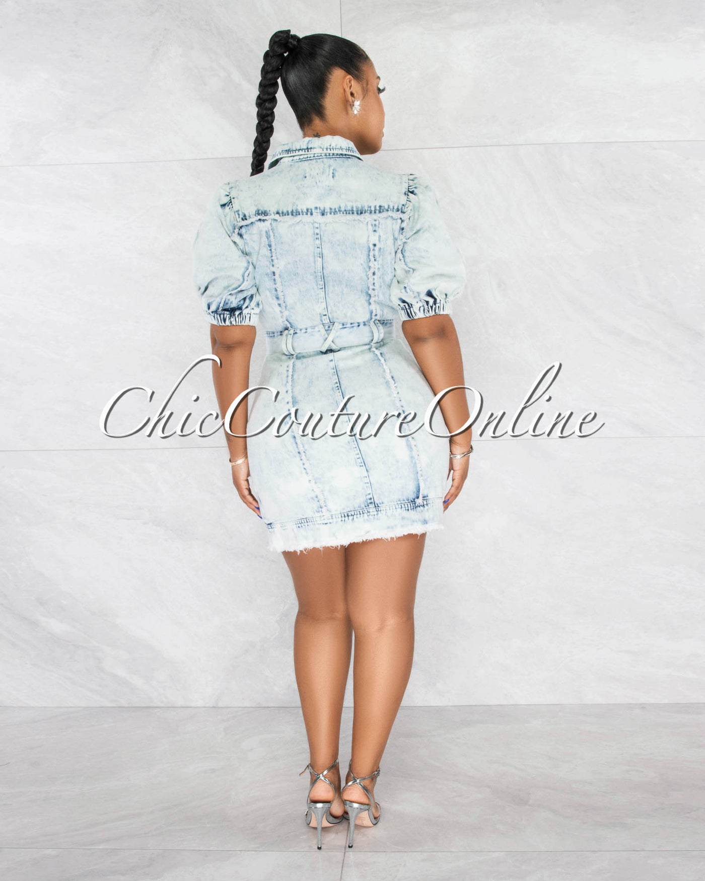 *Felix Light Washed Denim Bubble Sleeves Shirt Dress