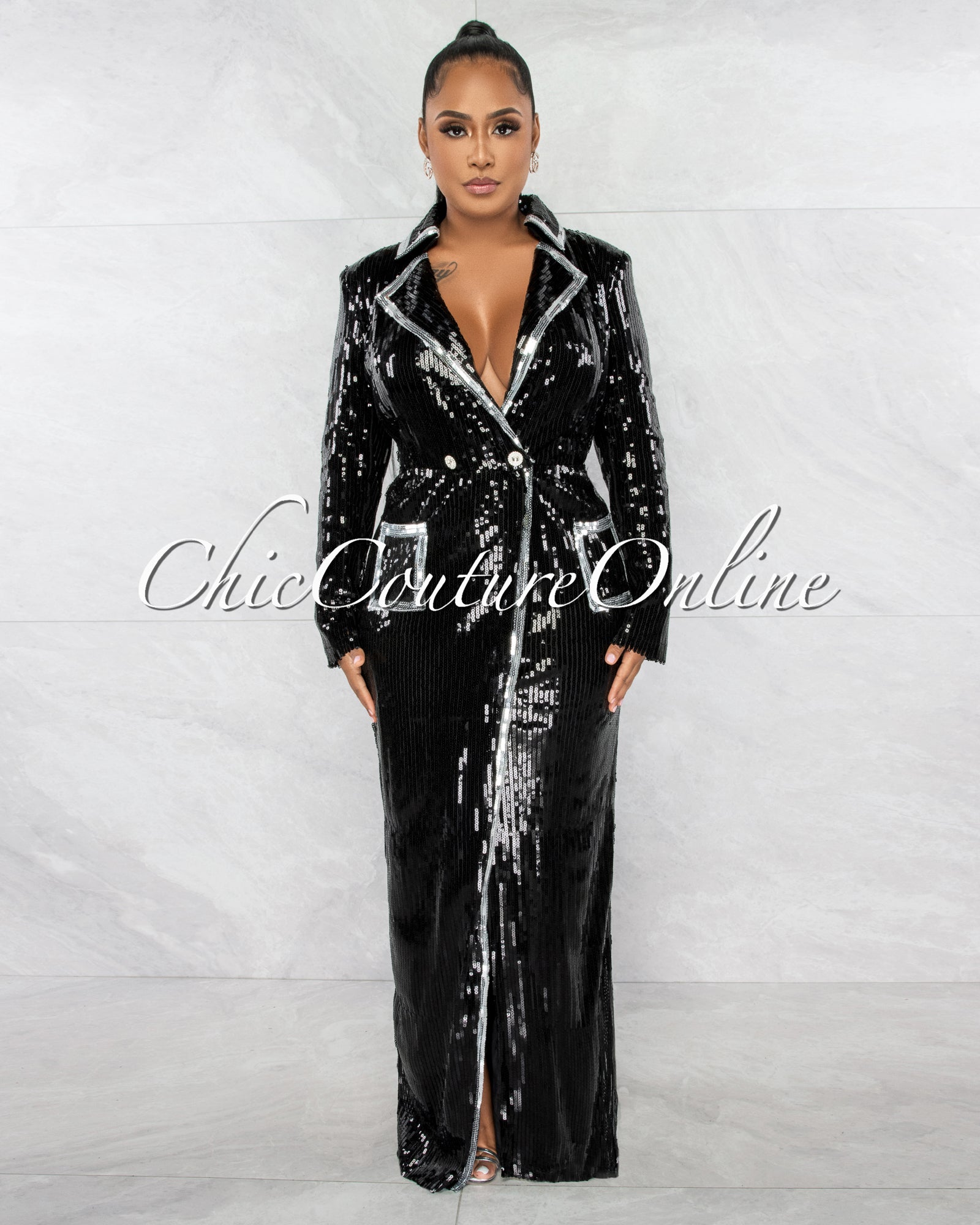 Lewana Silver Sequins Double Trench Maxi Dress