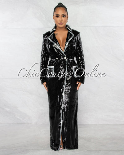 *Lewana Black Silver Sequins Double Trench Maxi Dress