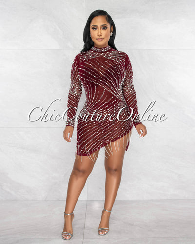 *Caterina Burgundy Pearl Rhinestones Fringe Mesh Dress