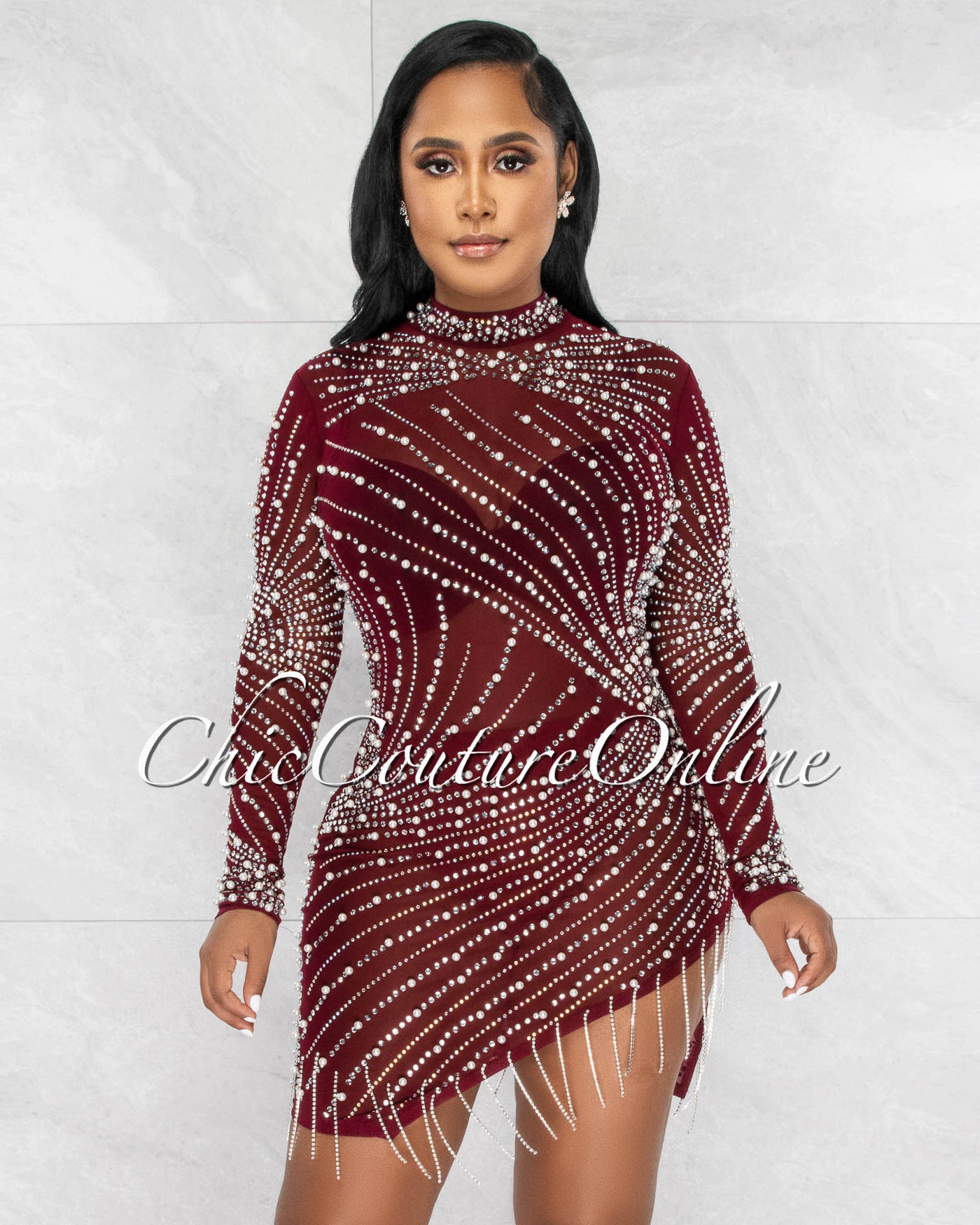 *Caterina Burgundy Pearl Rhinestones Fringe Mesh Dress