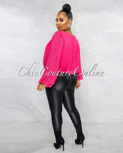 Larenta Hot Pink Pleated Long Sleeves Top