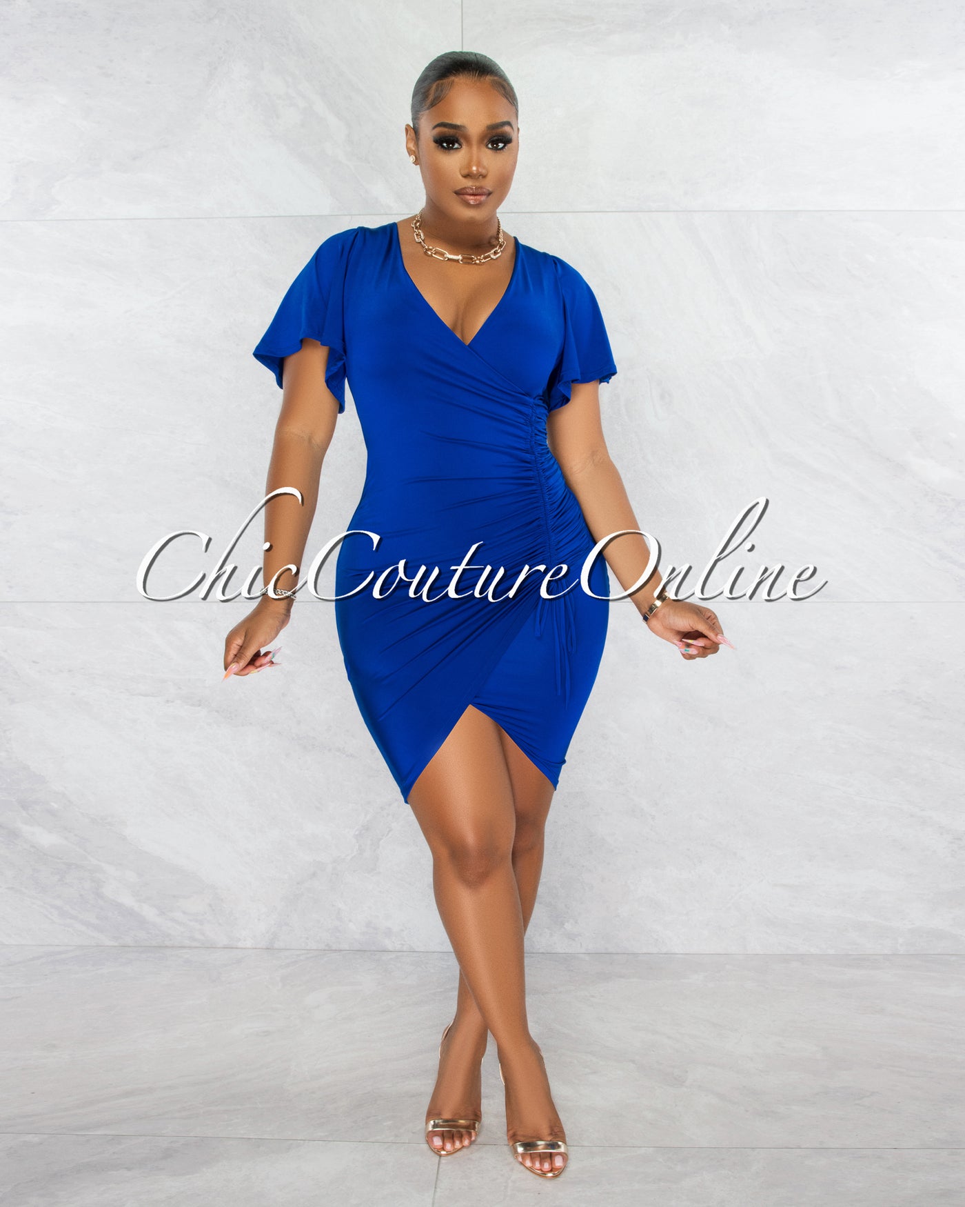 Dalie Royal Blue Wrap Ruched Side Midi Dress