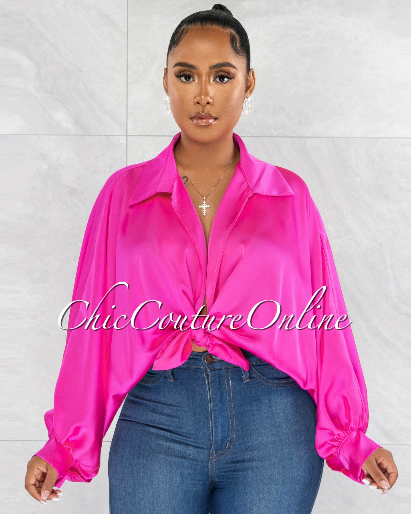 *Pilar Hot Pink Wide Sleeves Silky Blouse