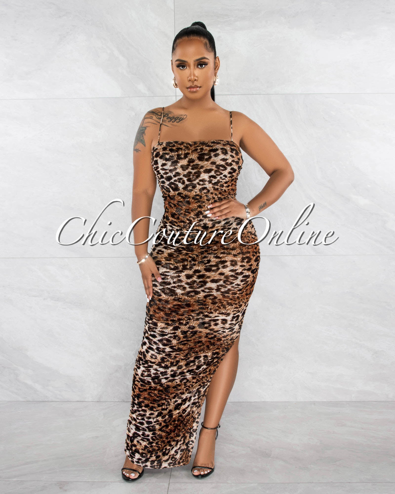 *Edellah Leopard Print Mesh Ruched Side Slit Maxi Dress
