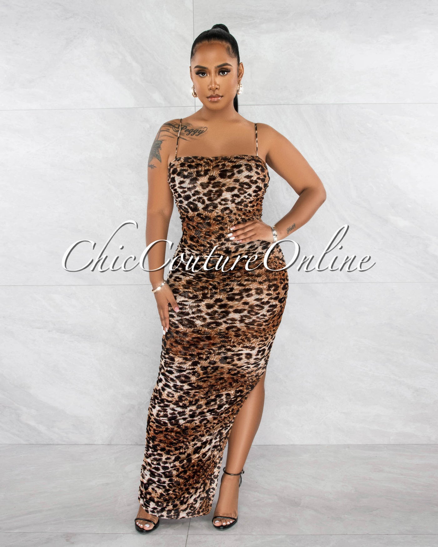 Edellah Leopard Print Mesh Ruched Side Slit Maxi Dress