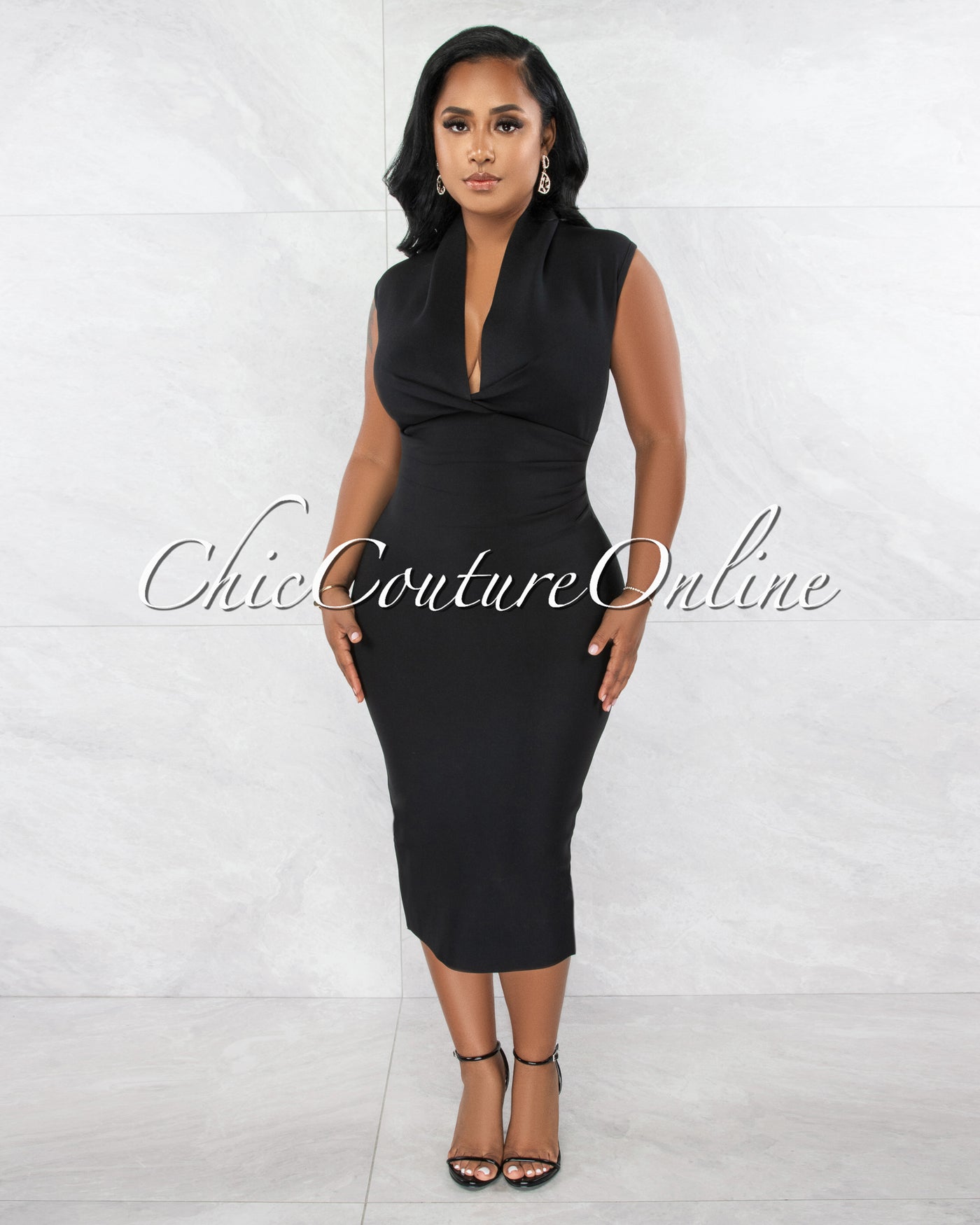 *Fernie Black V Neck Draped Bandage Midi Dress
