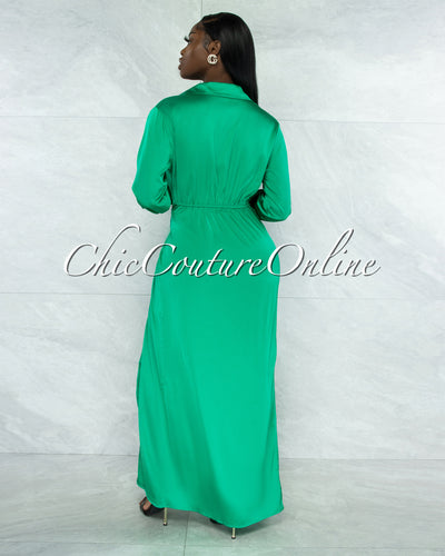 *Yuriana Emerald Green Draped Front Maxi Silky Dress