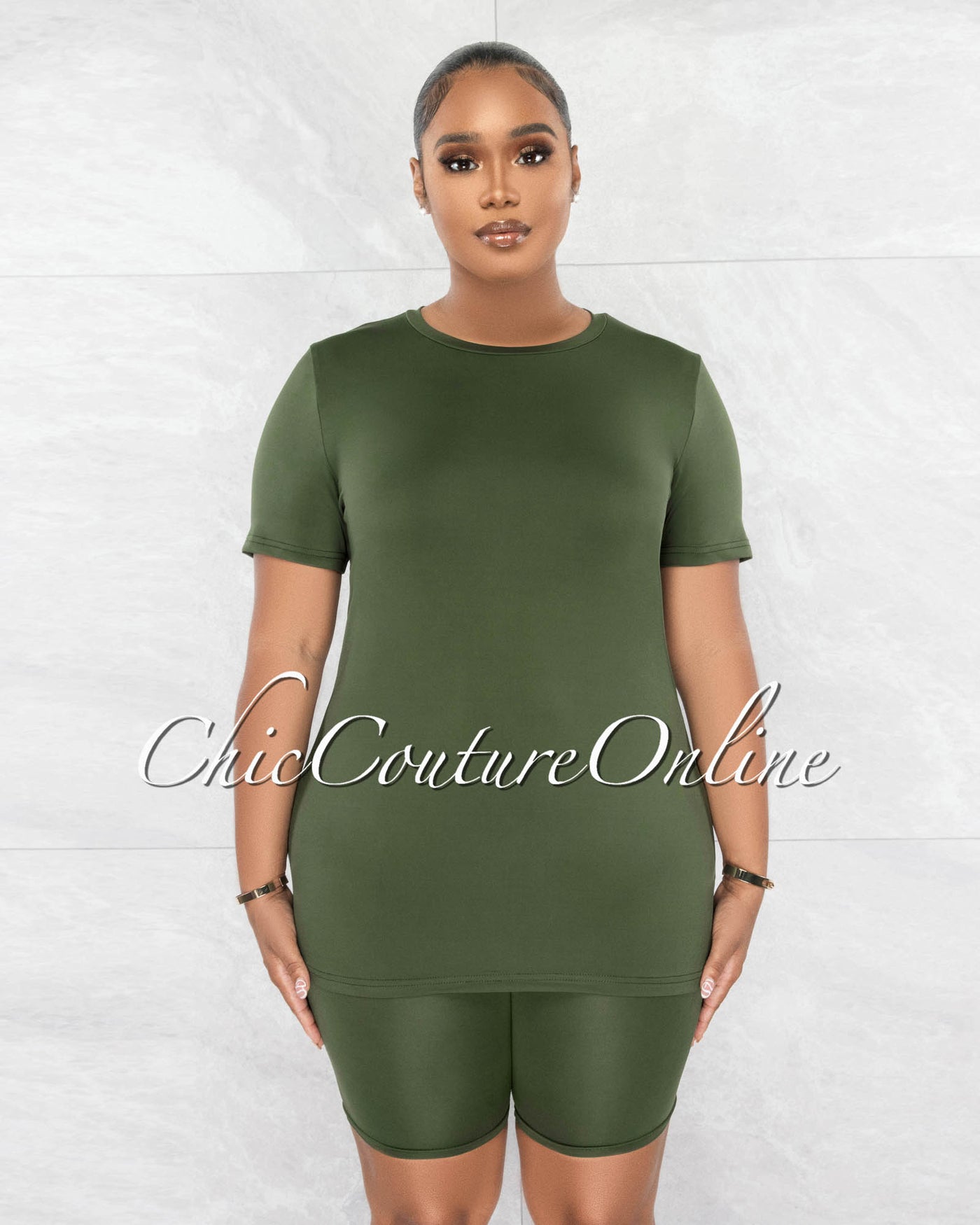 Courtnie Olive Green T-Shirt & Bike Shorts Set