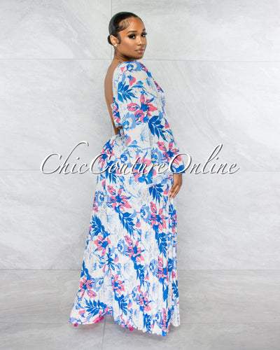 Boston White Blue Floral Crop Top & Wide Pleated Pants Set