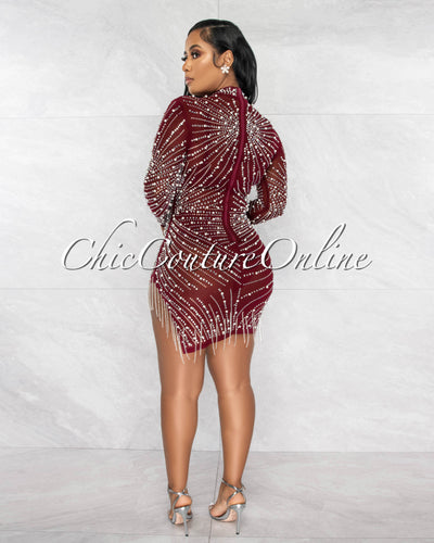 *Caterina Burgundy Pearl Rhinestones Fringe Mesh Dress