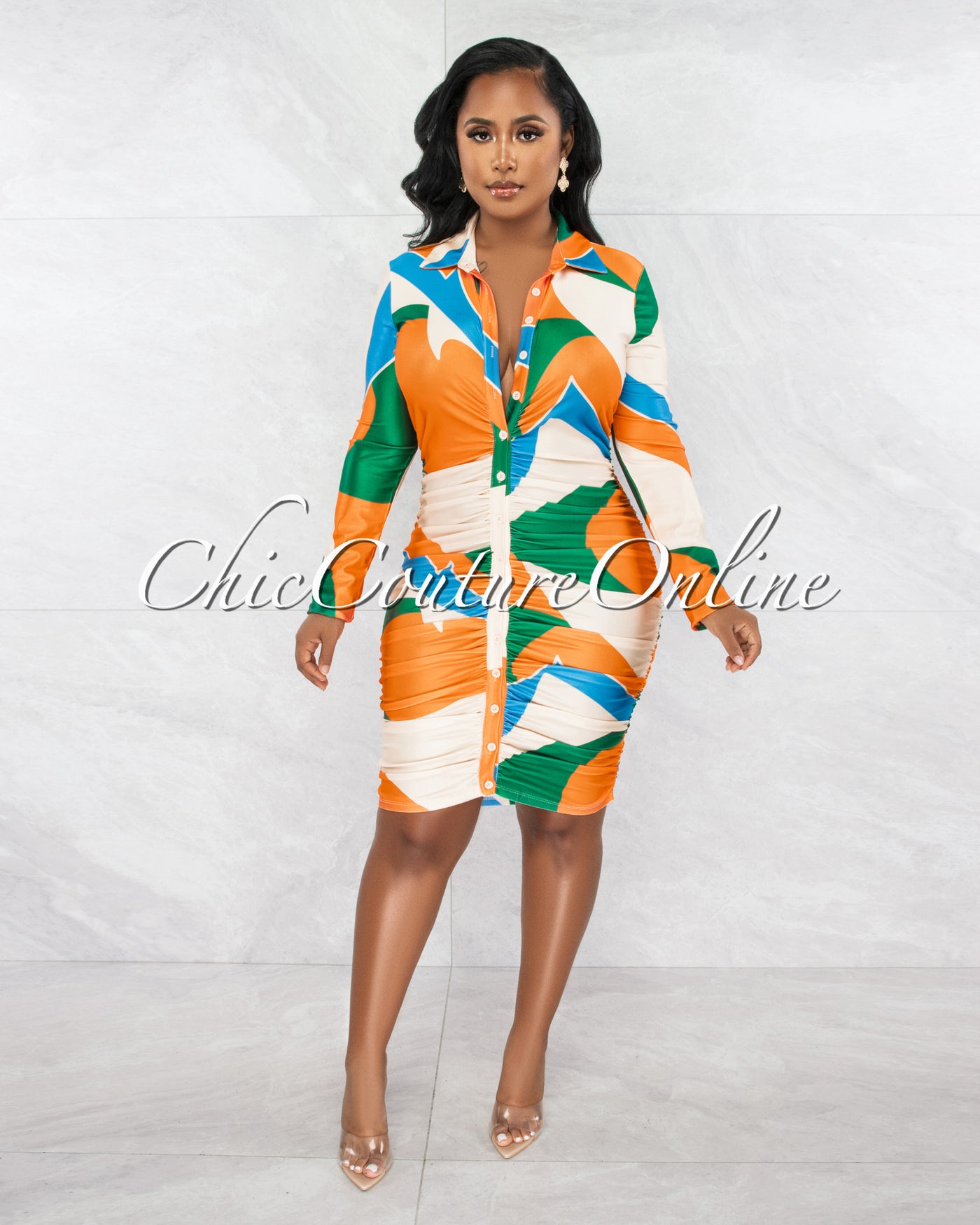 Demany Orange Multi-Color Print Buttons Ruched Dress