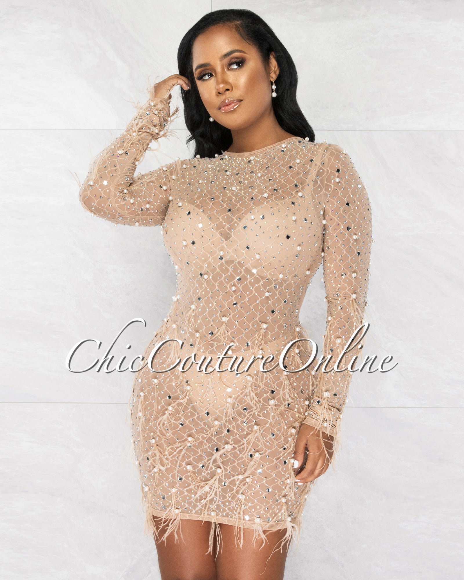 *Glannie Nude Mesh Pearls & Rhinestones Feathers Dress