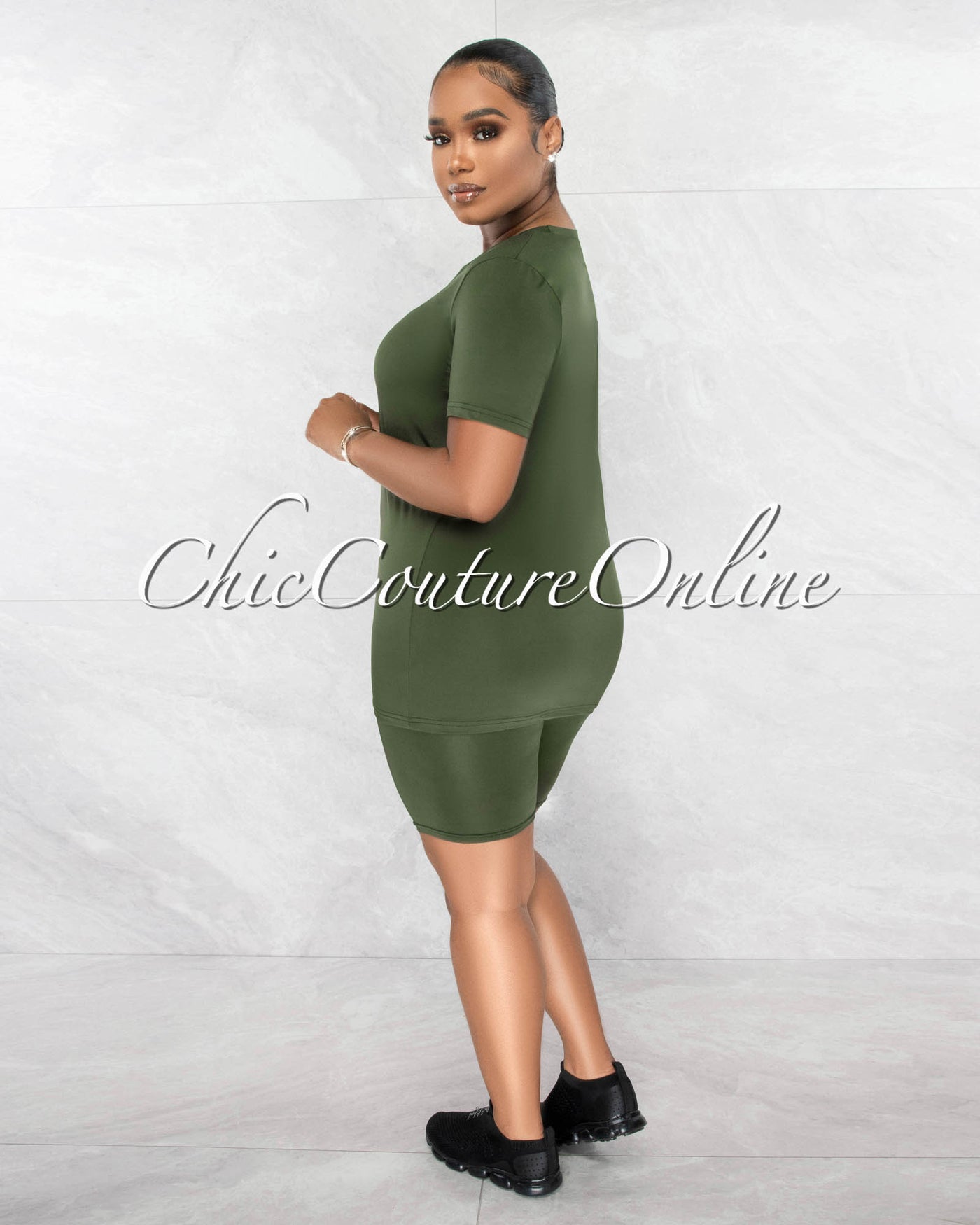 Courtnie Olive Green T-Shirt & Bike Shorts Set