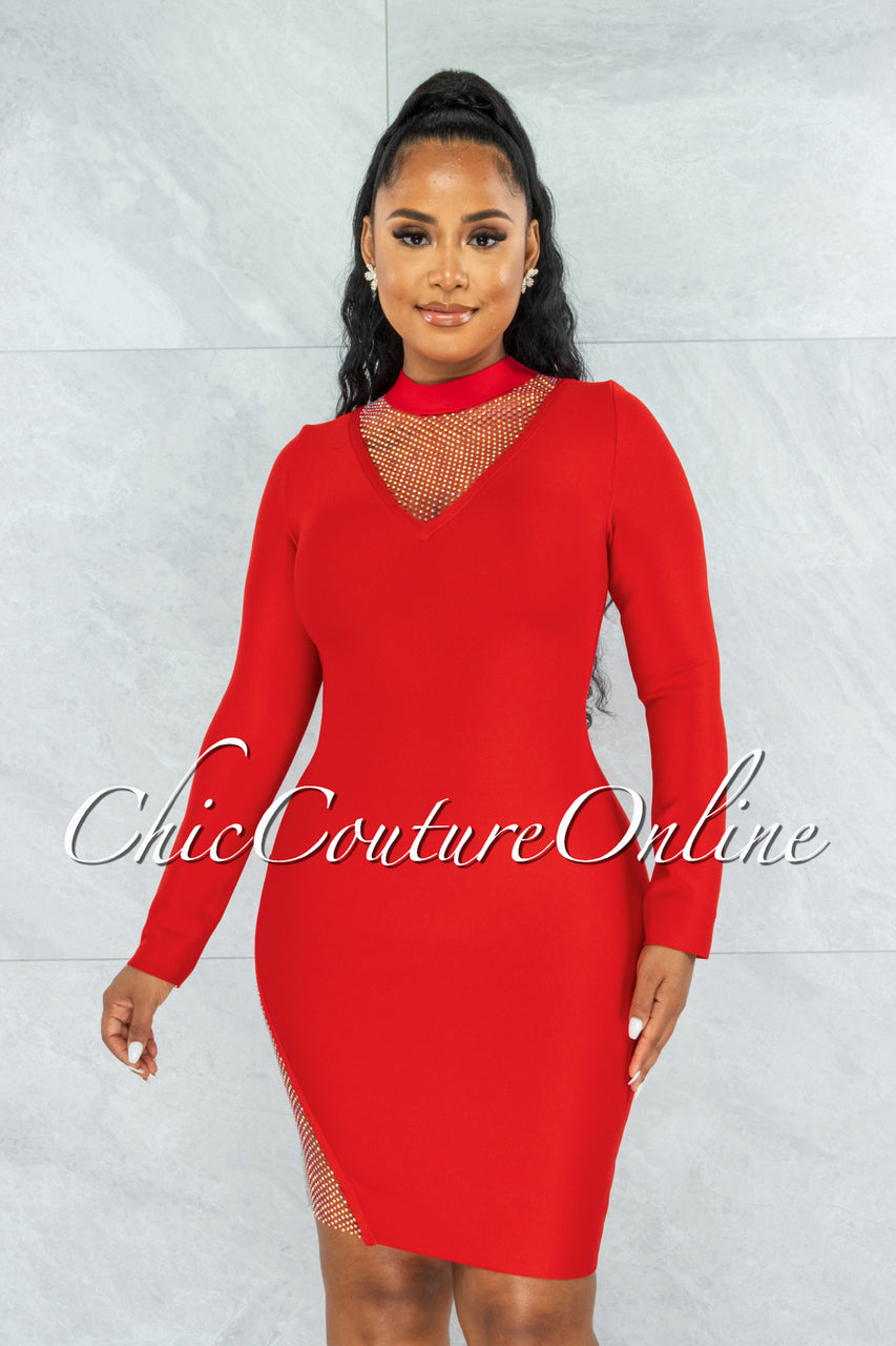 *Patrice Red Rhinestones Net Bandage Long Sleeves Dress