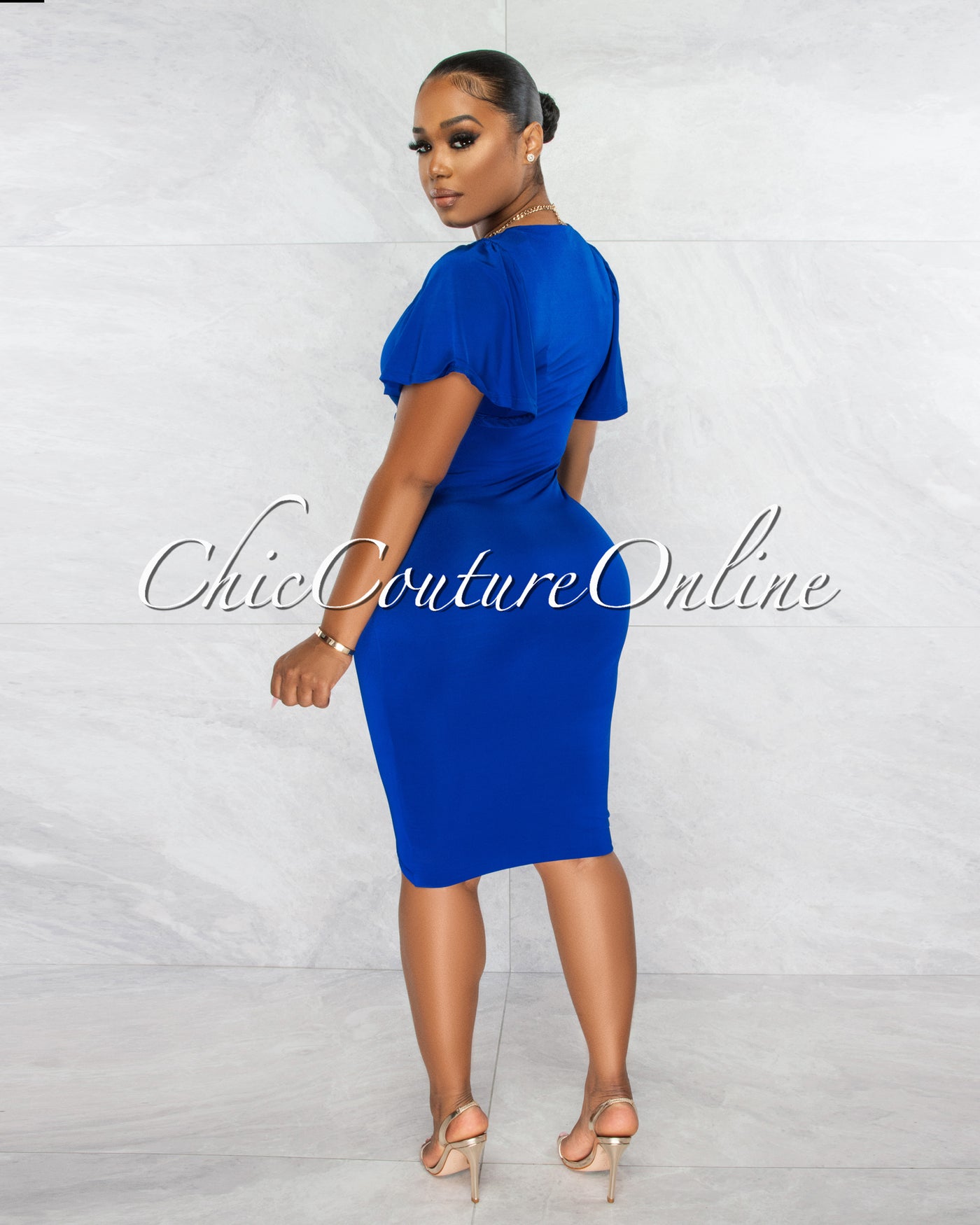 Dalie Royal Blue Wrap Ruched Side Midi Dress
