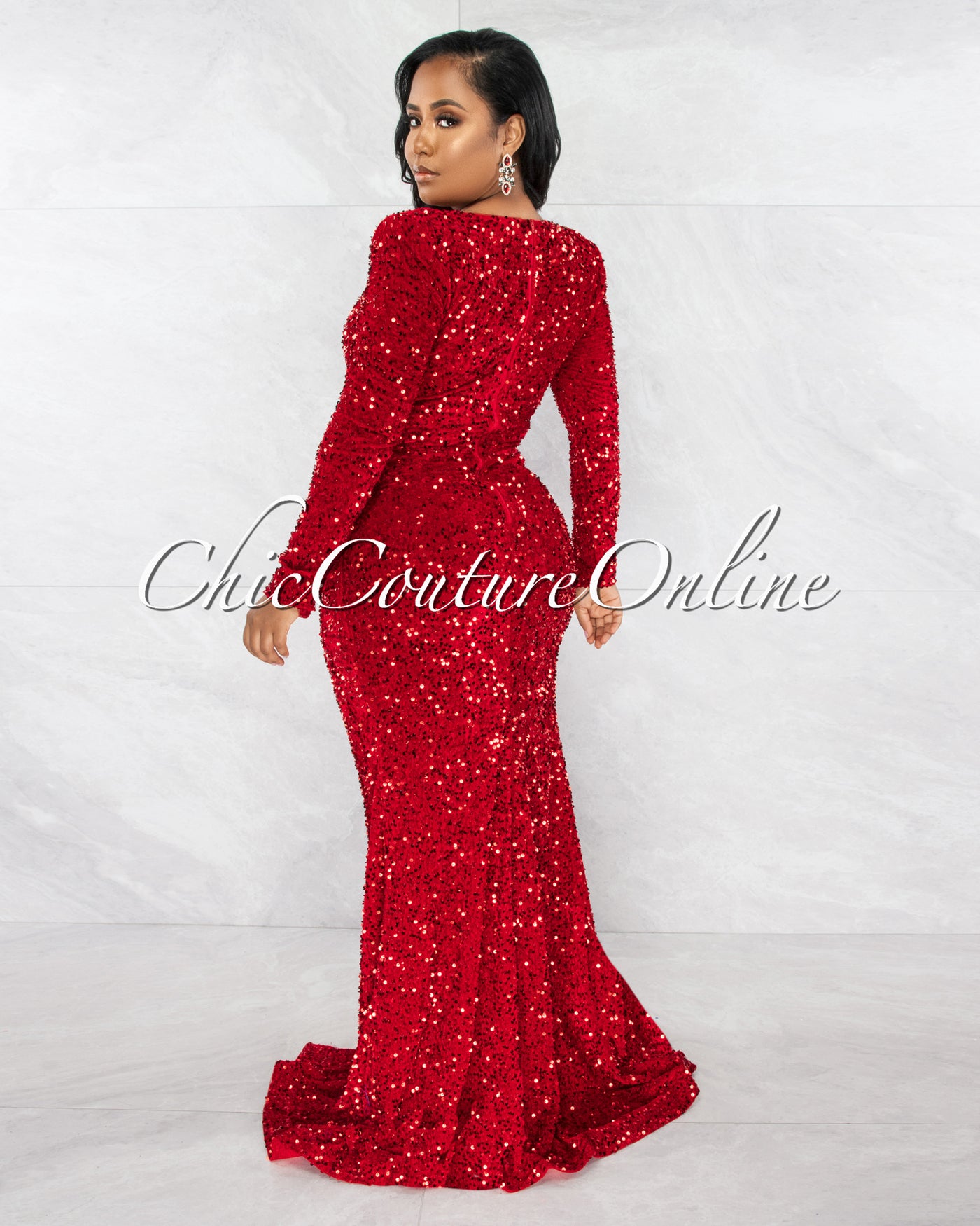 Violette Red Sequins Queen Anne Long Sleeves Bodysuit Maxi Dress