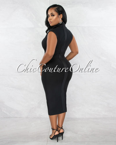 *Fernie Black V Neck Draped Bandage Midi Dress