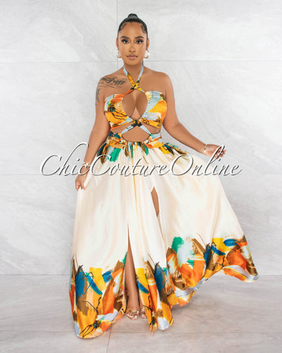 *Novia Ivory Orange Print Halter Cut-Out Maxi Dress