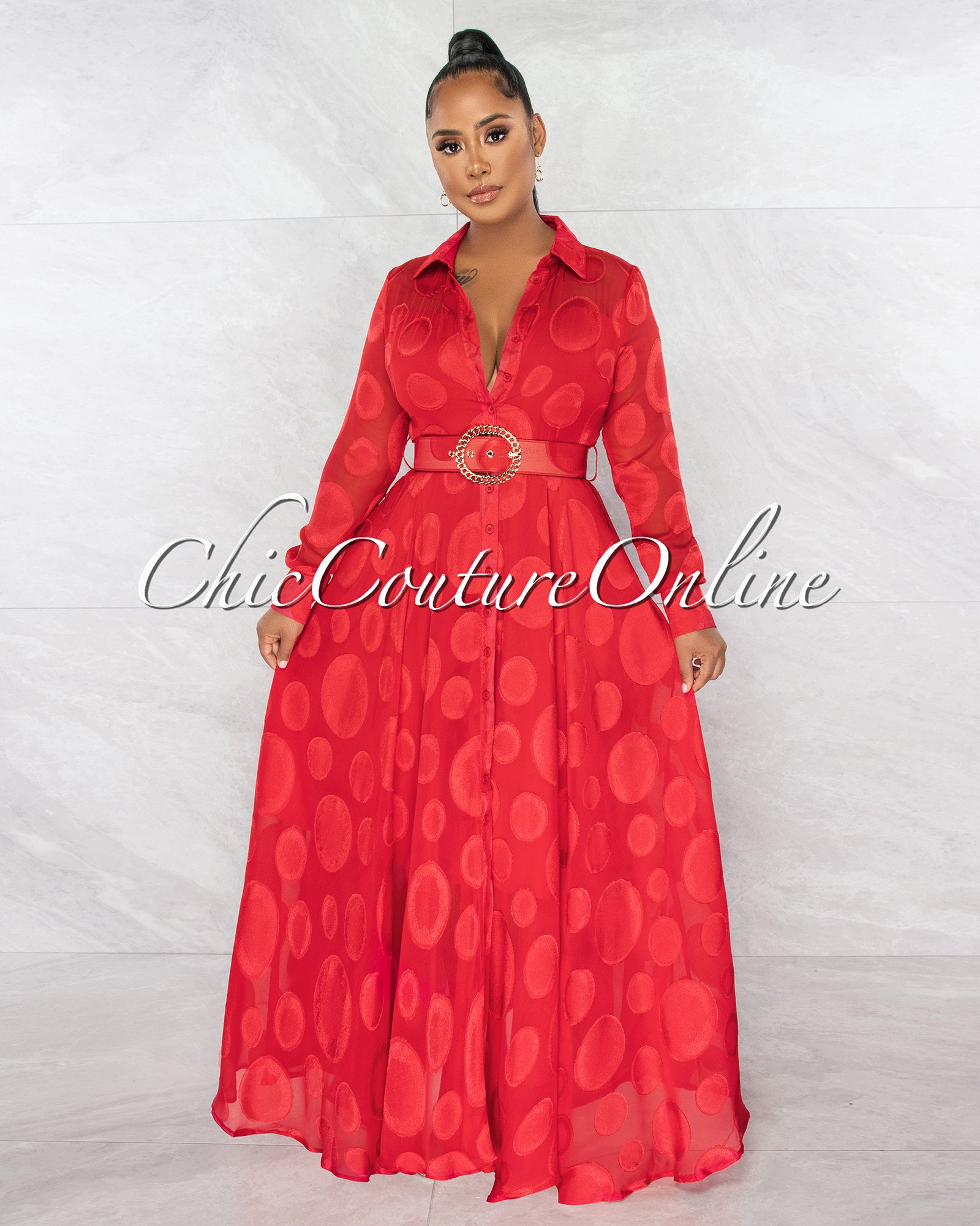 Calida Red Silky Texture Circles Gold Buckle Belt Maxi Dress