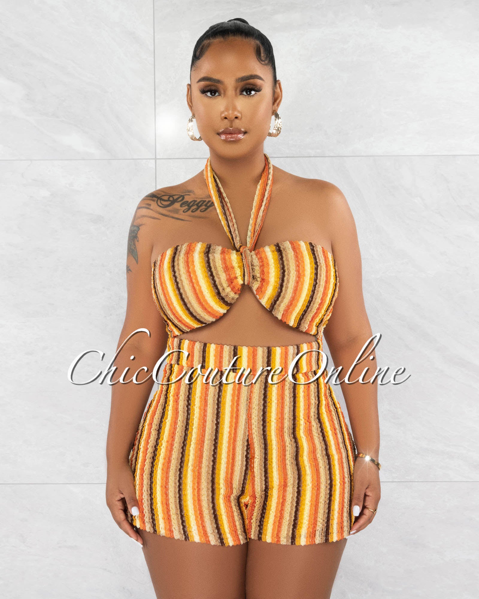 *Besley Orange Brown Stripes Textured Halter Romper