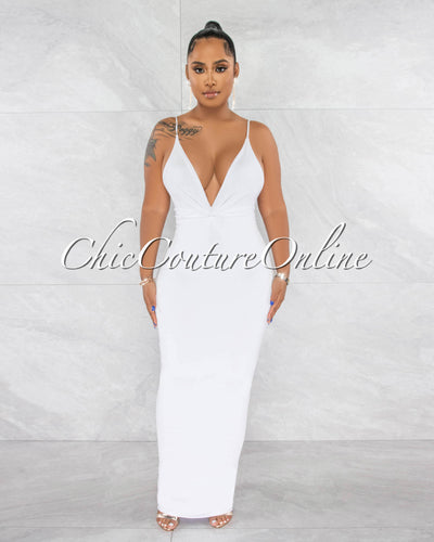 Balara Off-White Deep V-Neckline Low Back Drape Maxi Dress